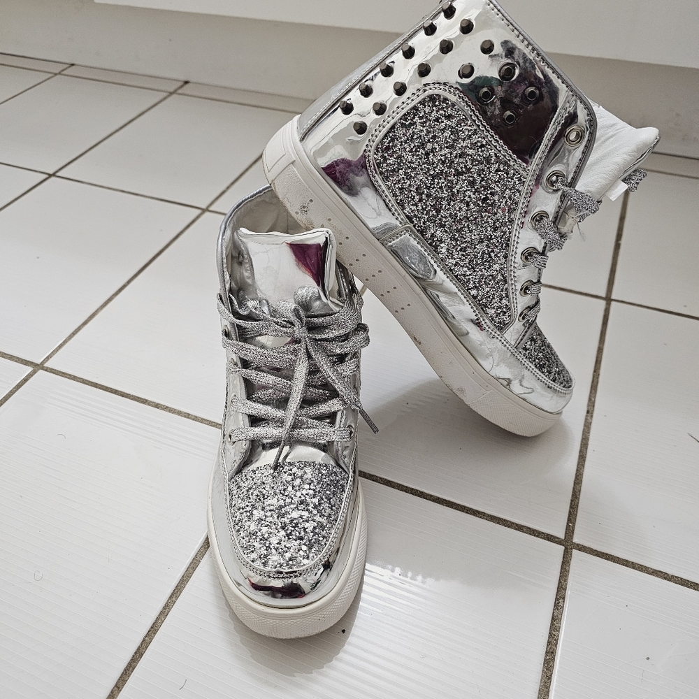 Women's High Top Sneakers Dance Shoes, Silver Studded, Size 8 US